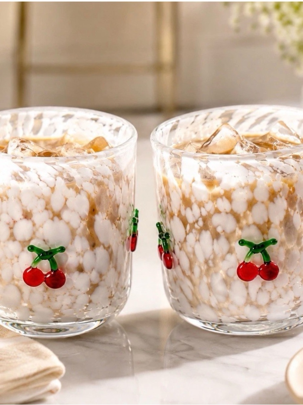 Hand Blown Cherry Art Glass Tumblers Set of 2 White Confetti Cups